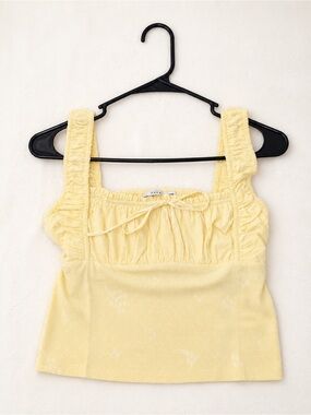 Lush Pale Yellow Smocked Square-Neck Crop Top